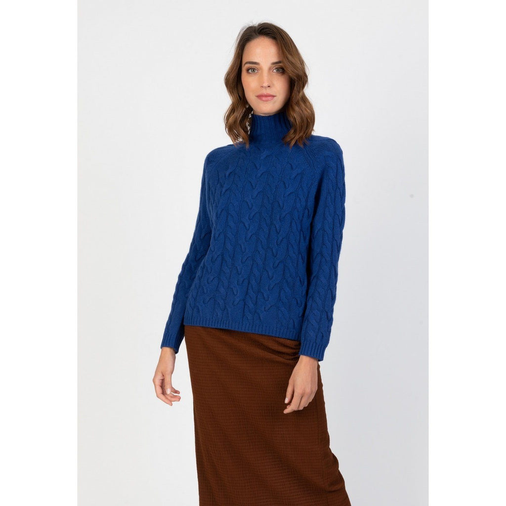 Perfect Cashmere - Jersey de Cuello Alto Mairead Azul Petróleo, 100% Cachemira, 6 Hilos, Trenzado, 396Gr - Mujer