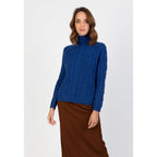 Perfect Cashmere - Jersey de Cuello Alto Mairead Azul Petróleo, 100% Cachemira, 6 Hilos, Trenzado, 396Gr - Mujer