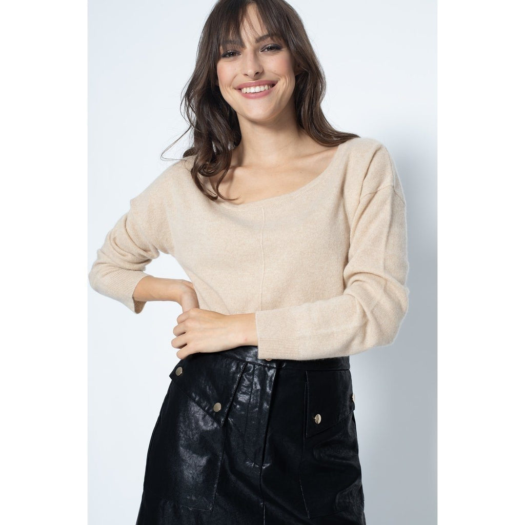 Faraut Beige Oversized Round Neck Sweater, Jersey, 100% Cashmere, 2 Yarns - Women