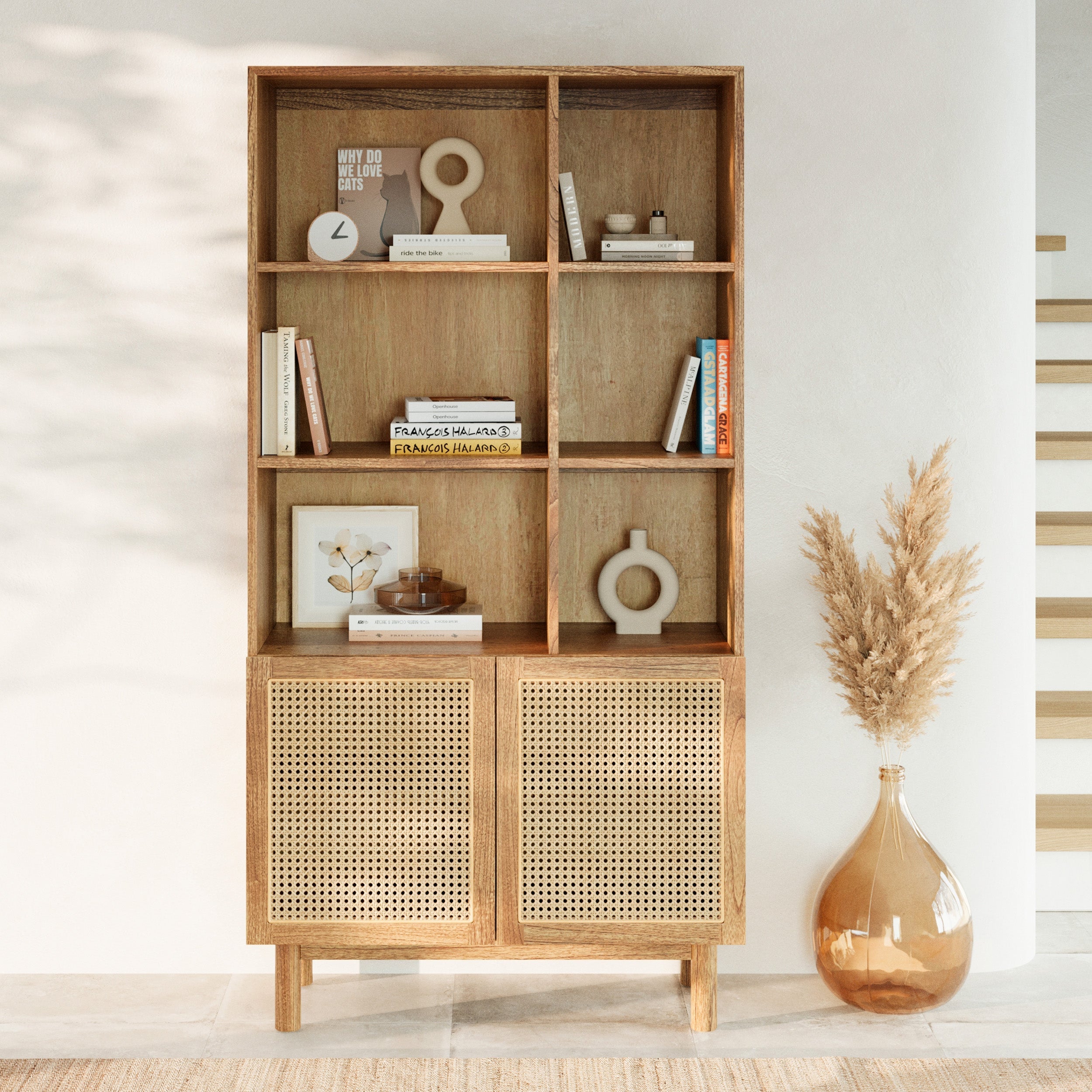 Delya - Bibliothèque En Bois Massif De Mindi Et Rotin