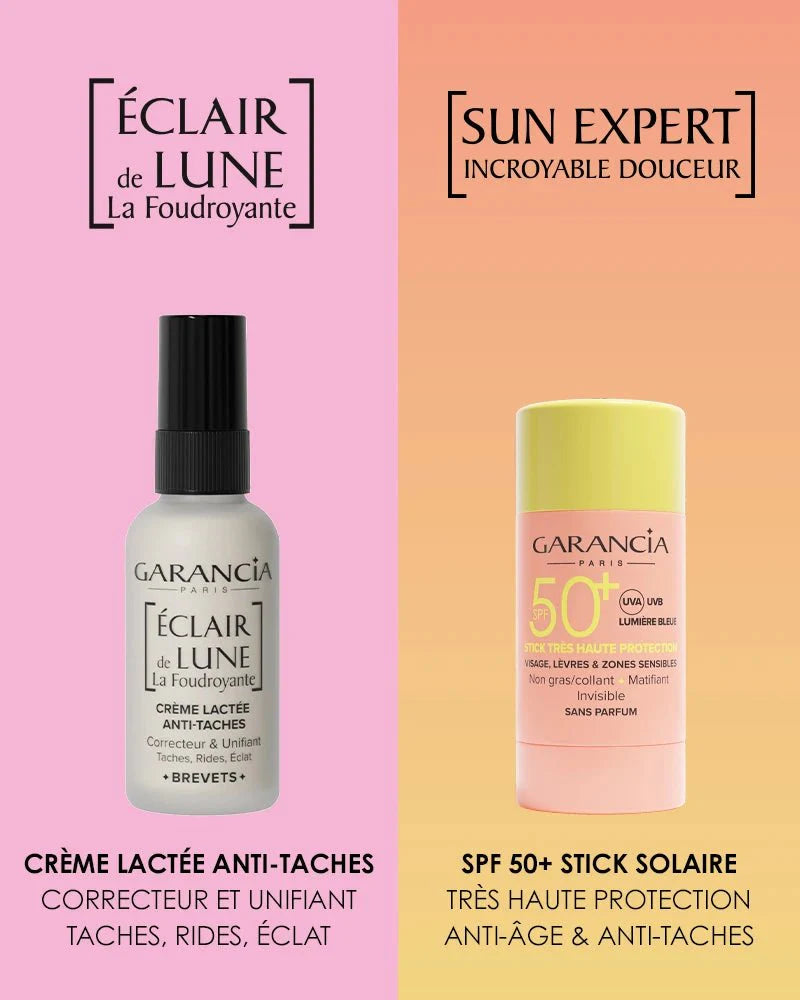 Comparison of Duo Garancia Éclair de Lune La Foudroyante and Sun Expert: corrective anti-dark spot milky cream and SPF 50+ sun stick, very high anti-aging protection.