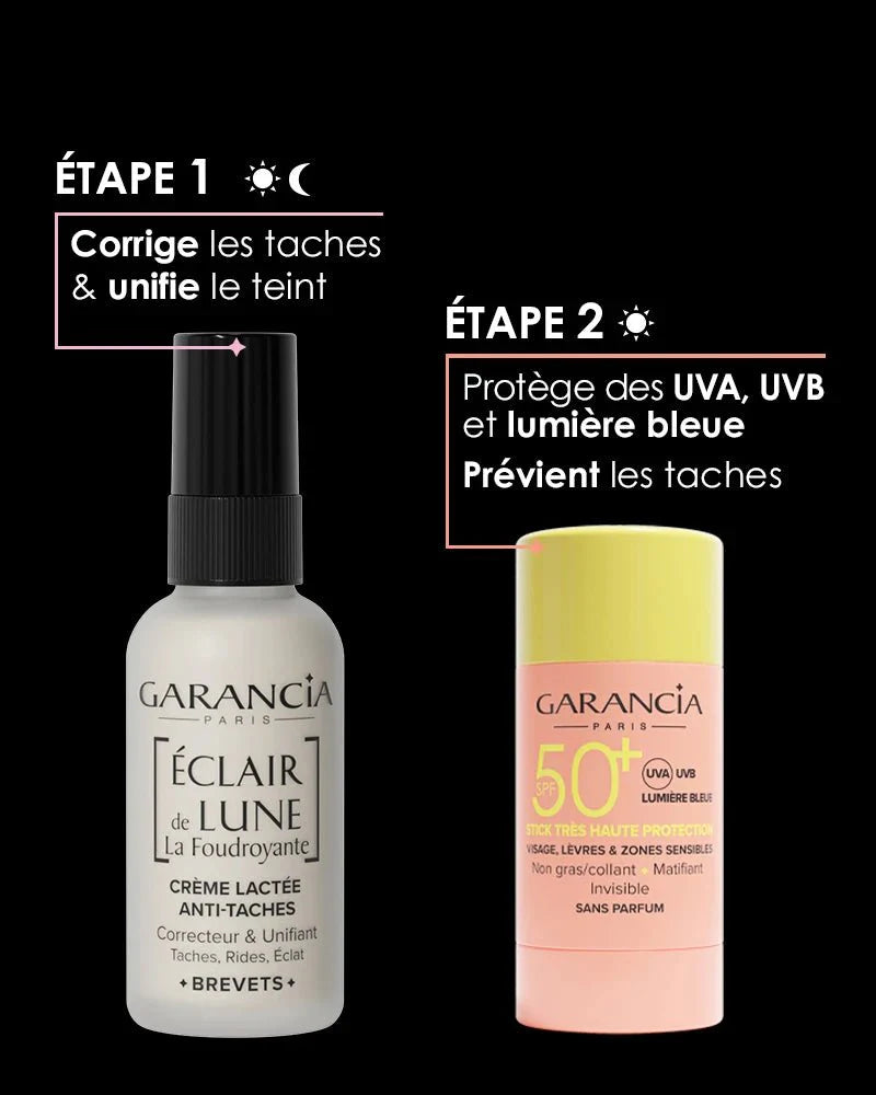 Garancia anti-dark spots routine in 2 steps: Step 1 morning and evening with Éclair de Lune La Foudroyante cream to correct and unify, Step 2 morning with SPF 50+ Sun Stick to protect and prevent.
