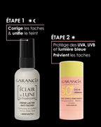 Garancia anti-dark spots routine in 2 steps: Step 1 morning and evening with Éclair de Lune La Foudroyante cream to correct and unify, Step 2 morning with SPF 50+ Sun Stick to protect and prevent.