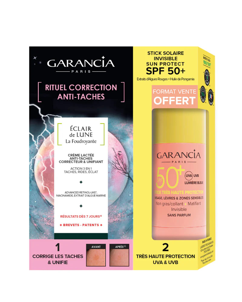Garancia Anti-Dark Spot Correction Ritual Box containing Éclair de Lune La Foudroyante milky cream and a free Invisible Sun Protect SPF 50+ Solar Stick.