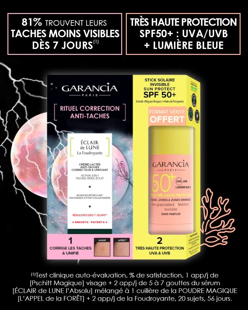 Garancia Anti-Dark Spot Correction Ritual Set: Éclair de Lune La Foudroyante cream and free SPF 50+ Sun Stick. Poster with clinical results: 81% less visible spots after 7 days.