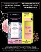 Garancia Anti-Dark Spot Correction Ritual Set: Éclair de Lune La Foudroyante cream and free SPF 50+ Sun Stick. Poster with clinical results: 81% less visible spots after 7 days.