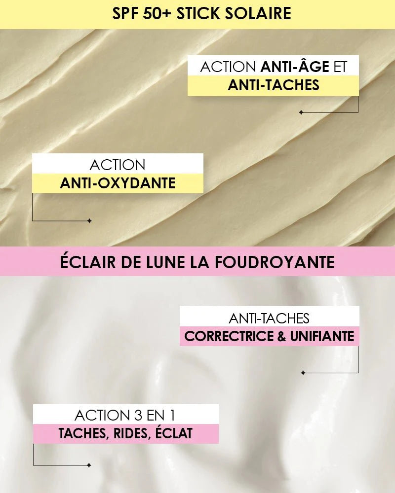 Comparison of Garancia textures and benefits: the SPF 50+ Sun Stick (anti-aging, anti-dark spots and anti-oxidant) and the Éclair de Lune La Foudroyante cream (corrective, unifying, wrinkle and radiance action).