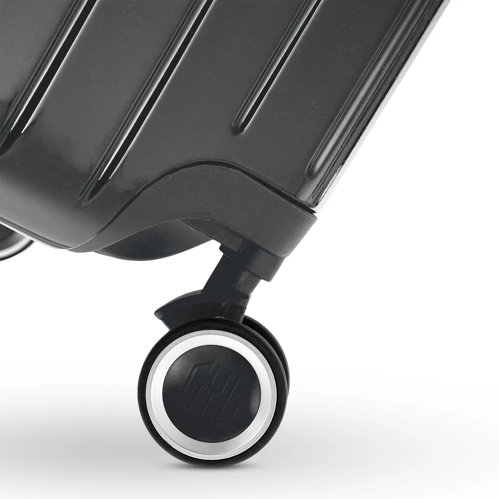 Rueda doble 360° de la maleta GYL Intemporelle gris oscuro con grabado del logo GYL en el cubo. #couleur_gris foncé