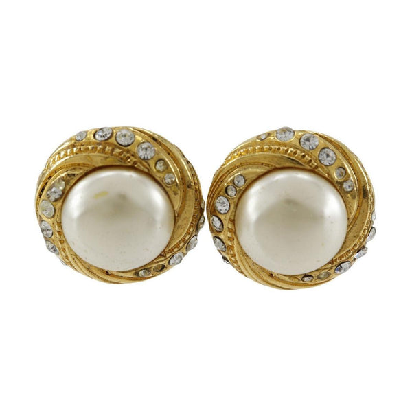 Chanel Vintage Round Clip-On Earrings Metal with Faux Pearl Product Image