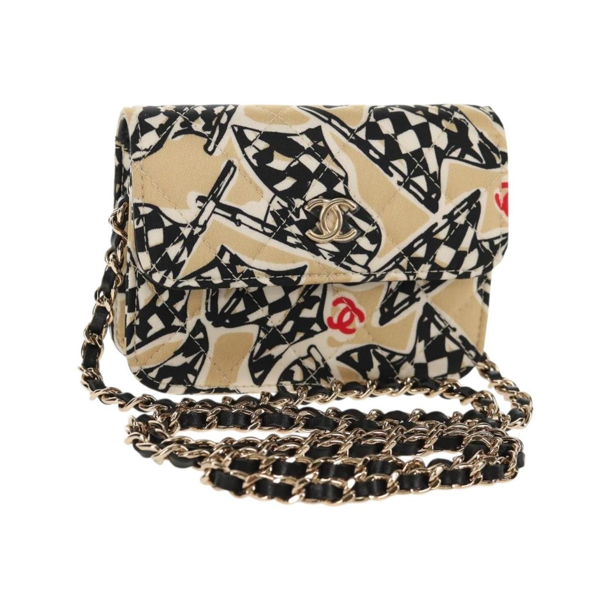 Chanel - Flap Card Holder On Chain Satin Axelremsväska - Beige