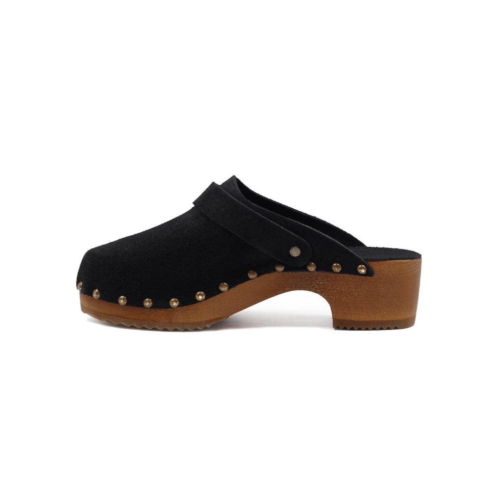 Sabots Bois Brides Cuir Daim Noir - Femme