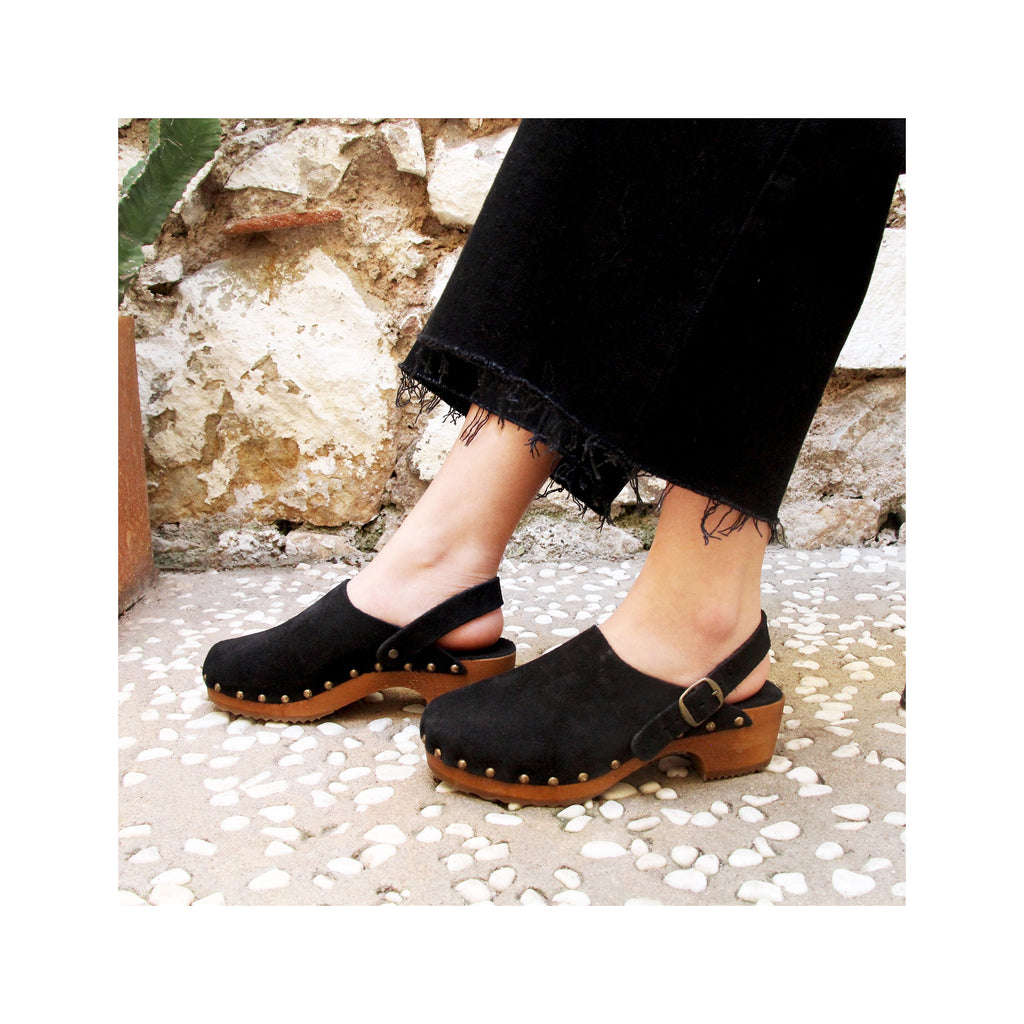 Sabots Bois Brides Cuir Daim Noir - Femme