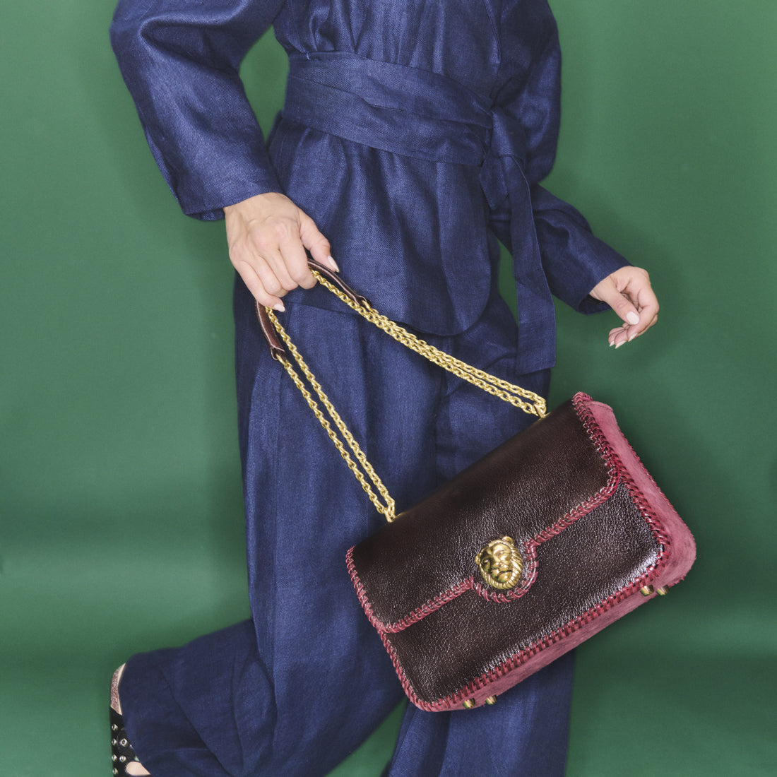 Brown Embroidered Big Ava Leather Bag