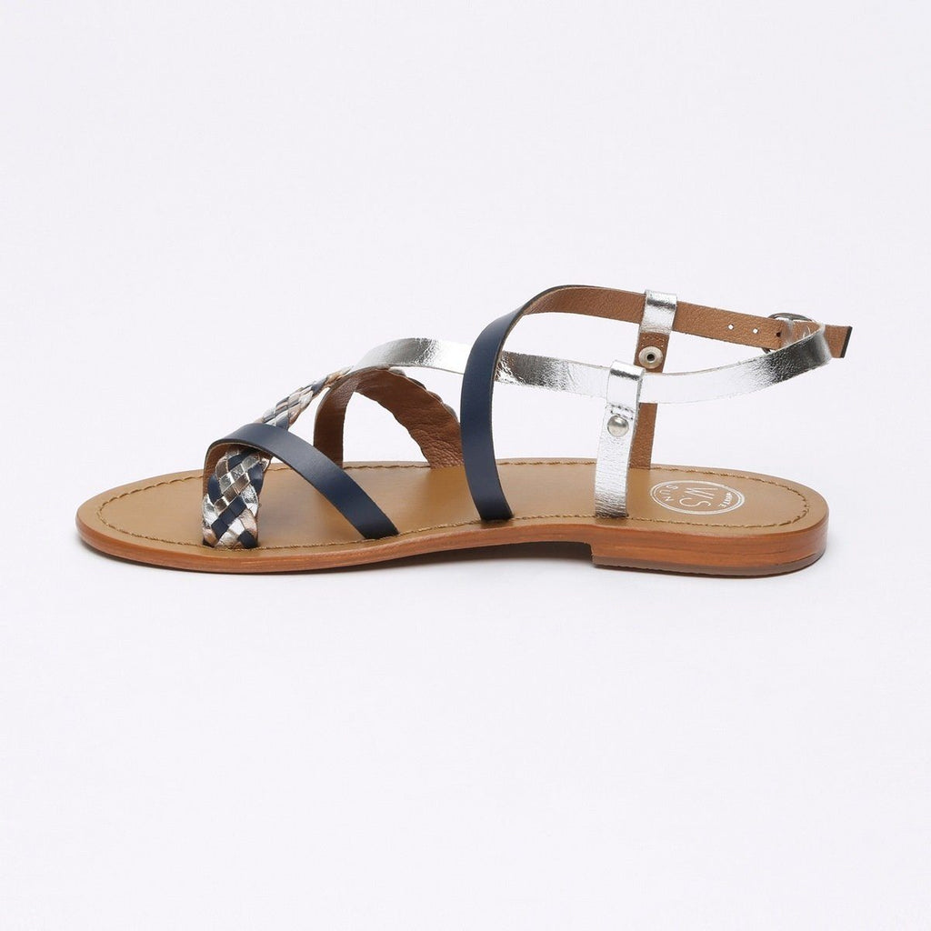 White Sun - Sandales Entre-Doigts Evantail - Marine, Argent Et Or - Femme