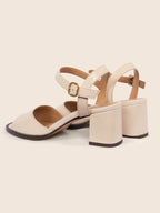 Sandales Talon Bloc Cuir Vernis Crème - Femme