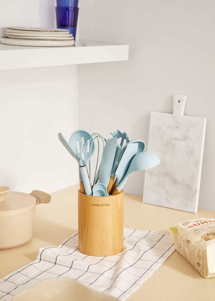 Kitchenware Studio - Ustensiles De Cuisine En Silicone & Bois - Bleu Pastel