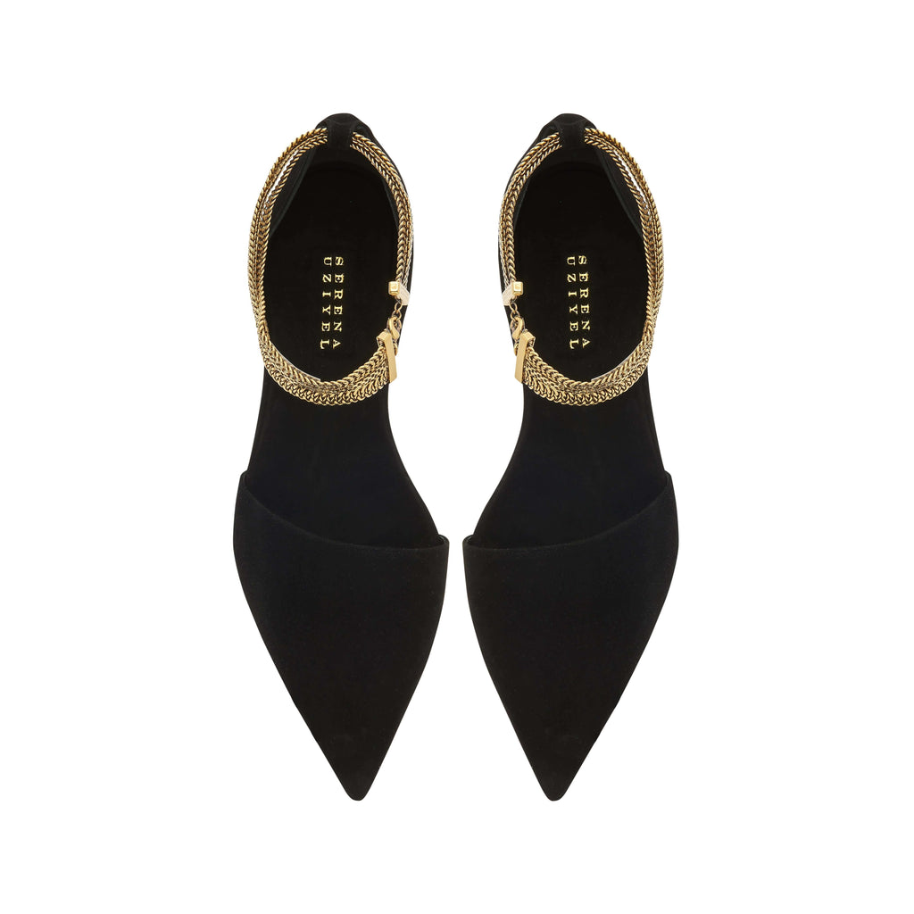 Sienna Black Flat Ballerina shoes with chainlink anklet, suede material for elegance and comfort.