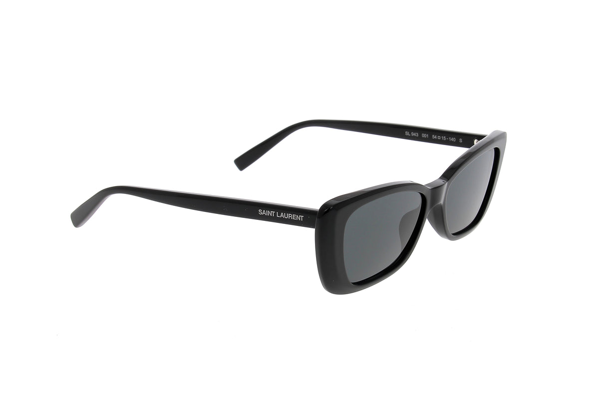 Luxury Eyewear – Sonnenbrillen - Saint Laurent, schwarze Sonnenbrille, Dreiviertelansicht vor weißem Hintergrund