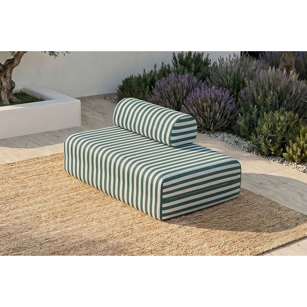 Sofá Modular de 2 Plazas - Tejido Exterior Rayas - Blanco y Verde Oscuro
