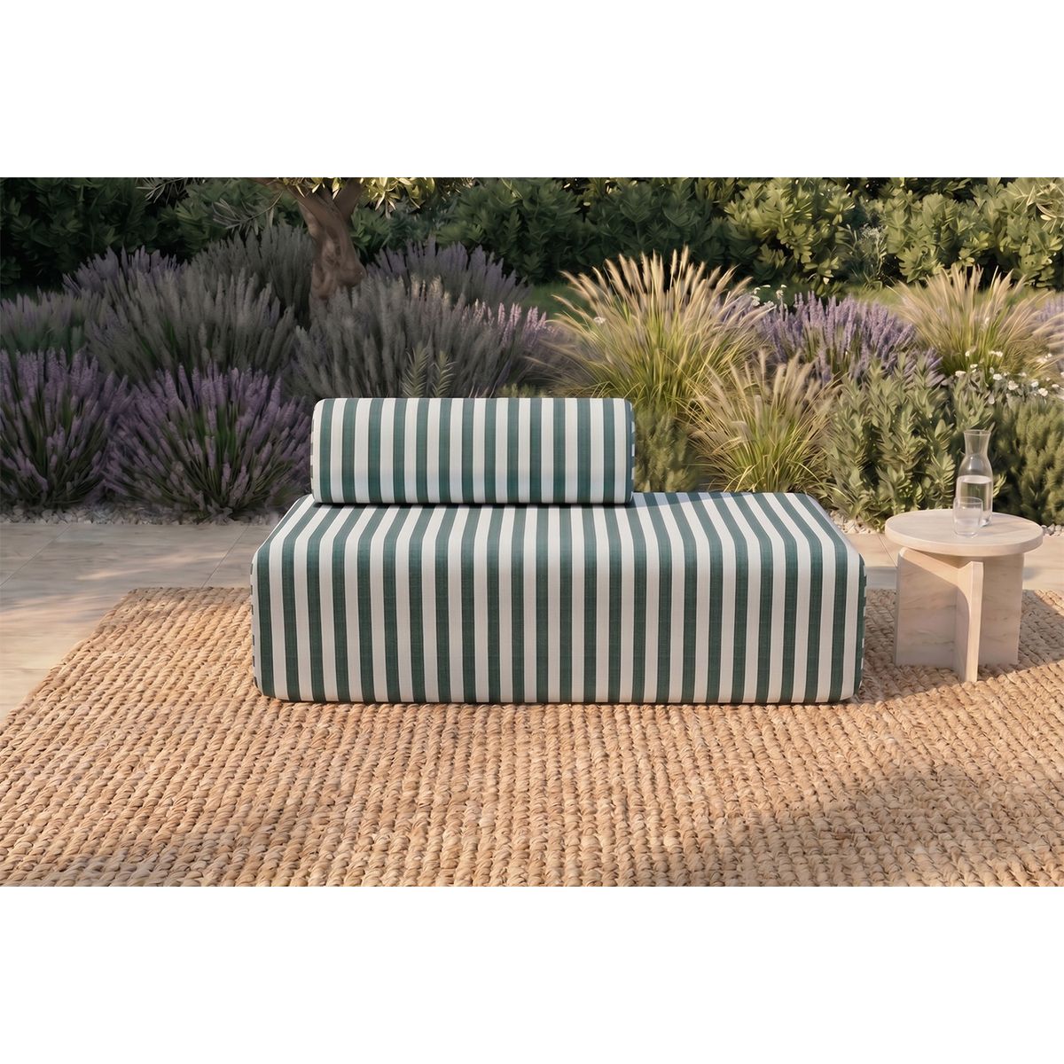 Sofá 2 Plazas Modular - Tejido Exterior A Rayas - Blanco Y Verde Oscuro