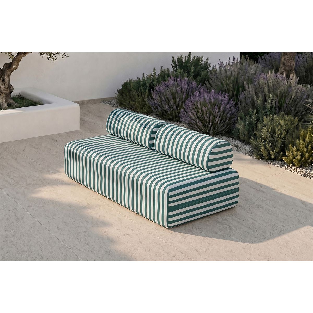 Sofá Modular de 3 Plazas - Tejido Exterior Rayas - Blanco y Verde Oscuro