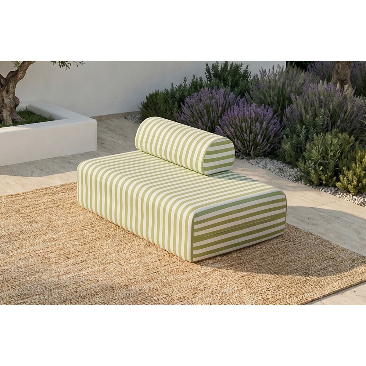 Sofá Modular de 2 Plazas - Tejido Exterior Rayas - Blanco y Verde Lima