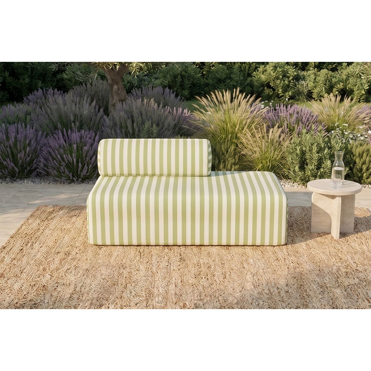 Sofá 2 Plazas Modular - Tejido Exterior A Rayas - Blanco Y Verde Anís