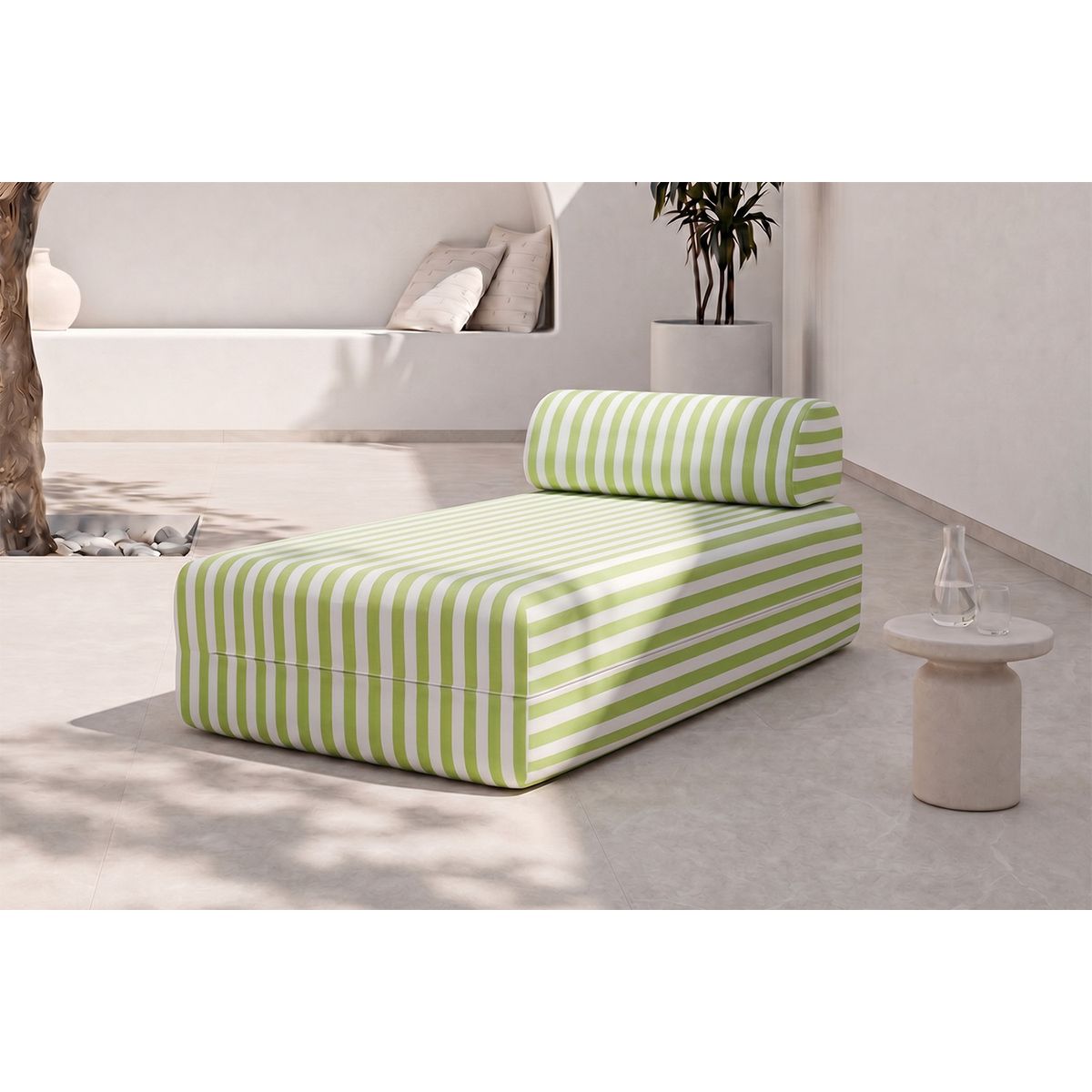 Modular Daybed - Striped Outdoor Fabric - White and Lime Green