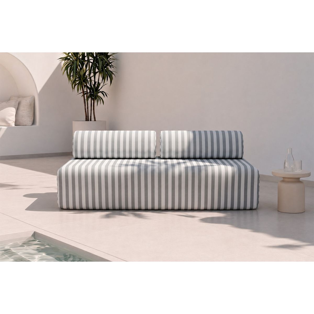 3-Seater Modular Sofa - Striped Outdoor Fabric - White and Grey
