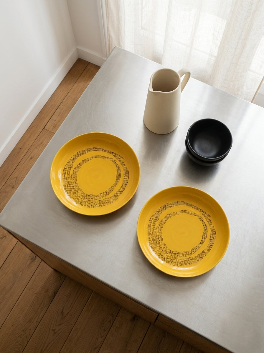 Feast - Set Of 2 Deep Plates - Stoneware - Yellow Black Dots