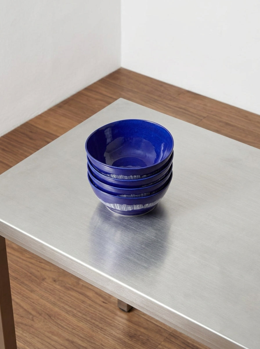 Feast - Set Of 4 Bowls - L - Stoneware - Dark Blue White Stripes