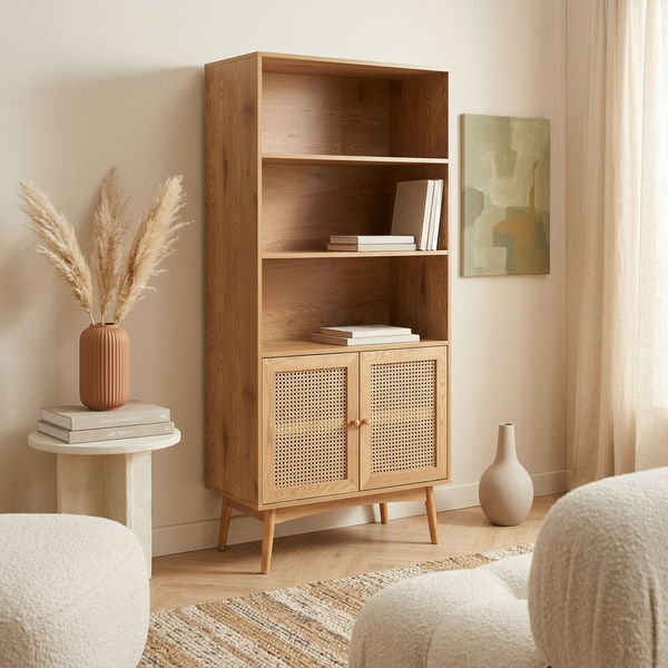 Ines - Libreria - Effetto rovere e intreccio in rattan