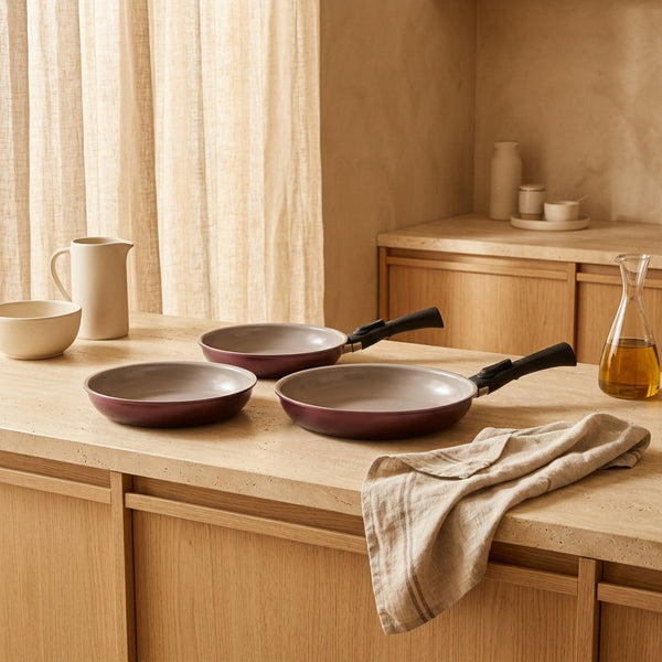 Set Of 3 Frying Pans 20-24-28 + 1 Handle - Burgundy