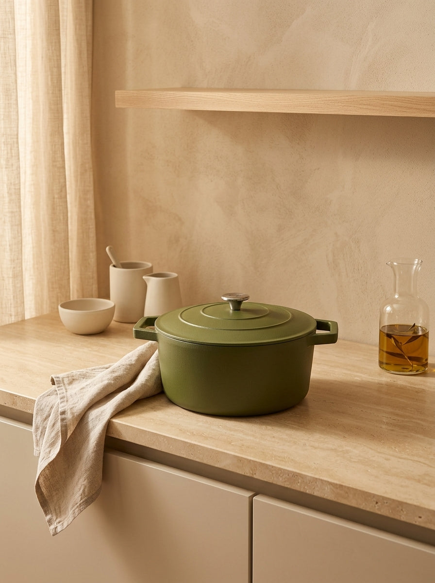 Cocotte Redonda De Hierro Fundido De Acero - Verde Mate - 25cm