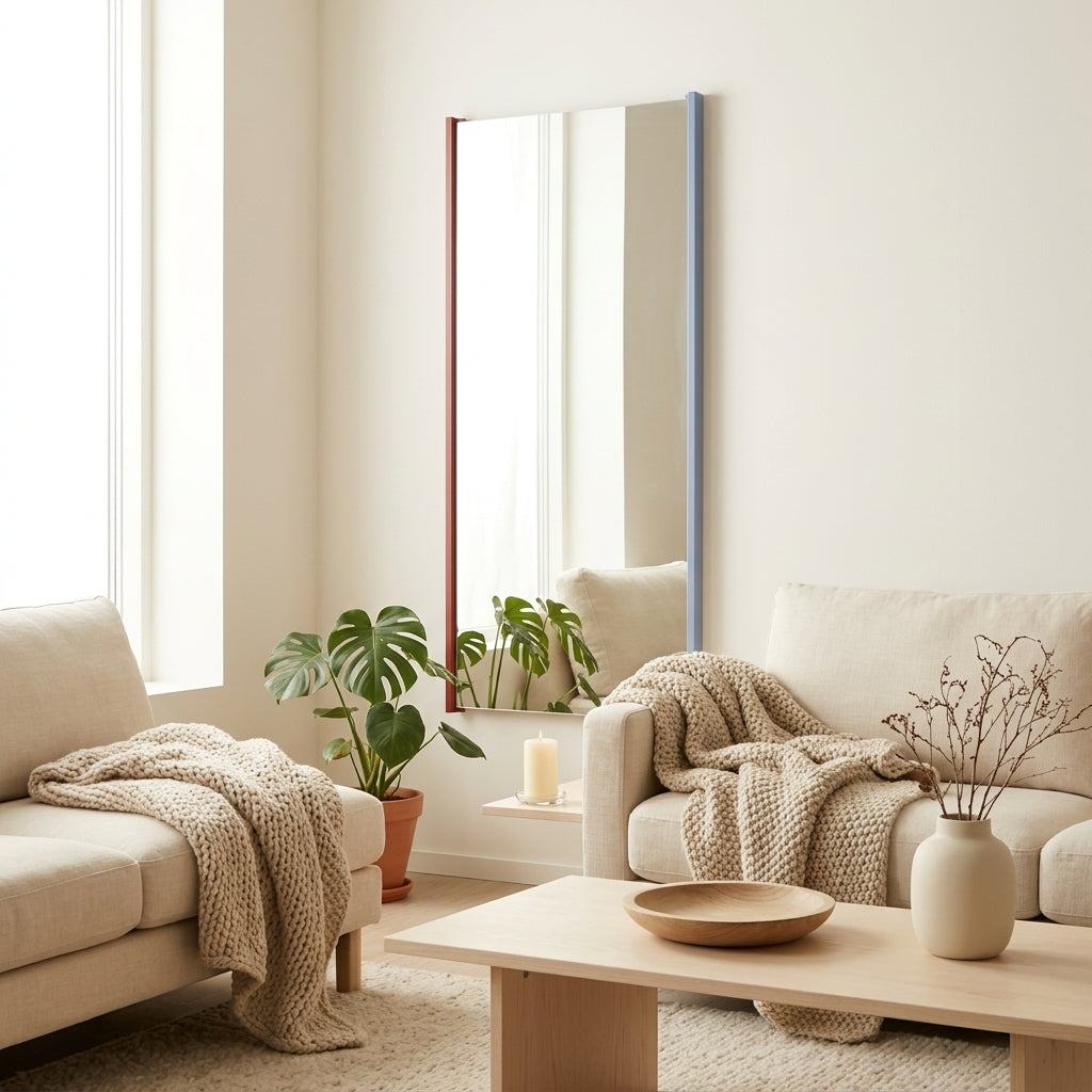 Lun - Miroir Mural - Hêtre Massif - Auburn Red & Frosty Blue