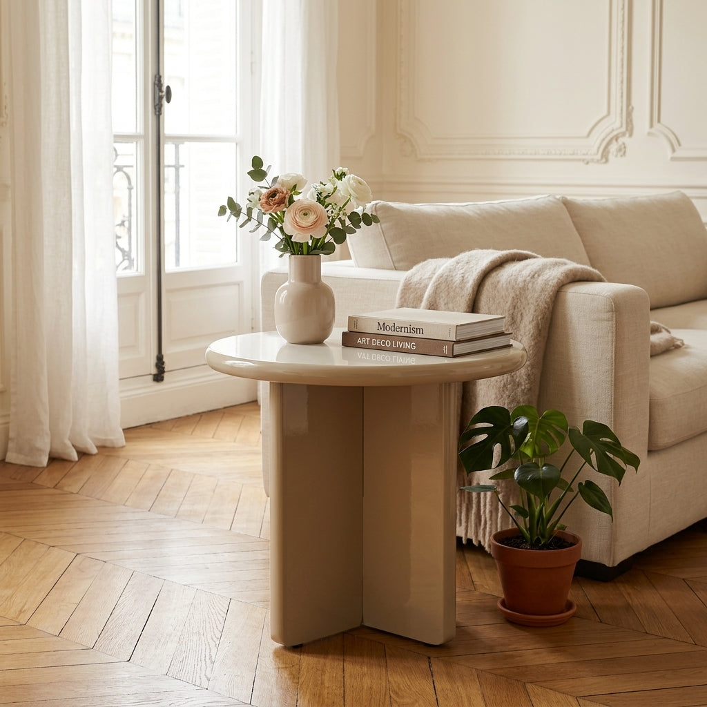 Paloma - Round Side Table - Lacquered Wood - Greige