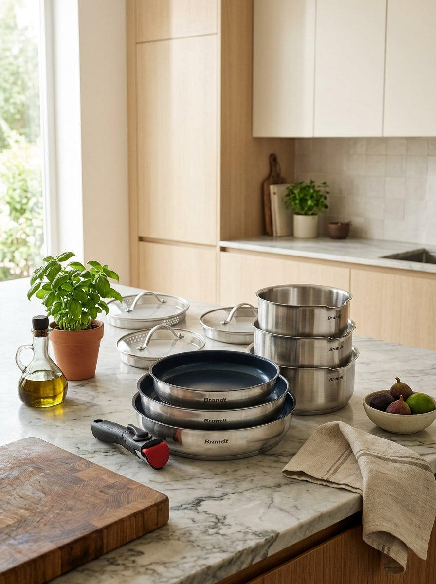 BRANDT - Set De 3 Casseroles En Inox + 3 Poêles Avec Revêtement Anti-Adhérent + 1 Poignée Amovible + 3 Couvercles Passoires Avec Manche En Inox - Argenté / Noir / Rouge