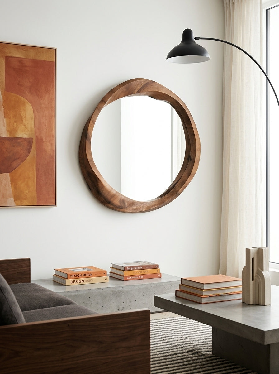 Yong - Miroir Rond En Bois De Suar Ondulé