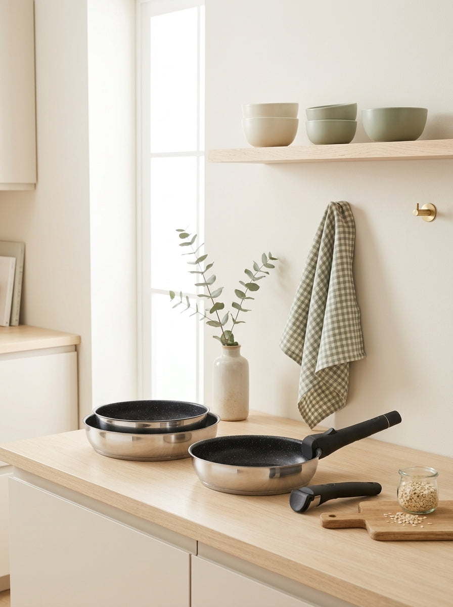 Réactif - Set of 3 Removable Non-Stick Frying Pans - Stainless Steel - Silver