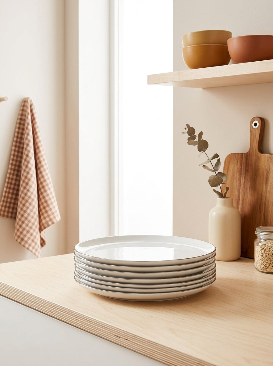 Sélène - Lot De 6 Assiettes Plates - Porcelaine - Blanc Liseré Argenté