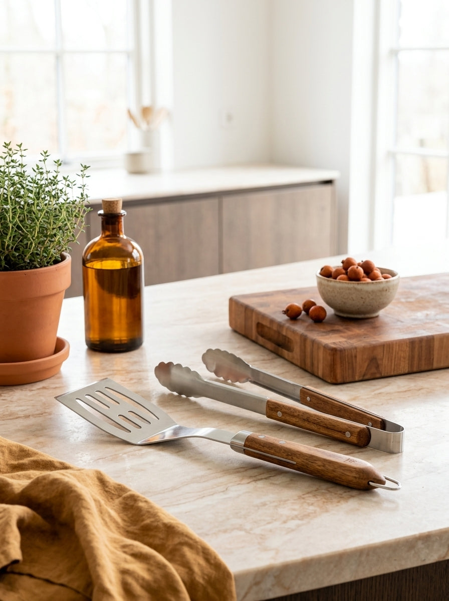 Sève - Set 2 Ustensiles Barbecue Spatule + Pince - Acier Et Bois D'Acacia - Argenté / Bois