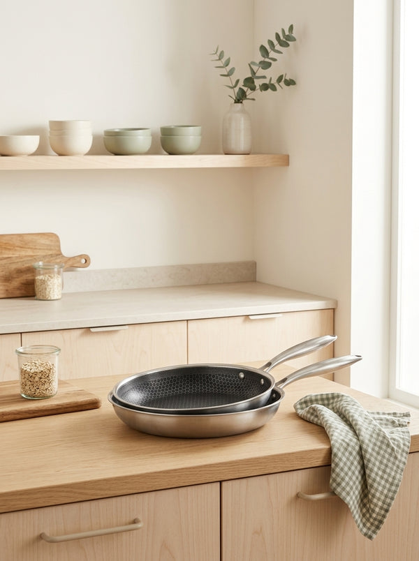 BlackSteel - Set of 2 Frying Pans - Triplex Stainless Steel - Silver