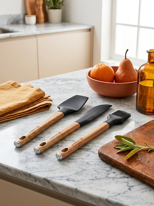 Sève - Juego de 3 utensilios de repostería - Silicona y madera de acacia - Plata / Madera