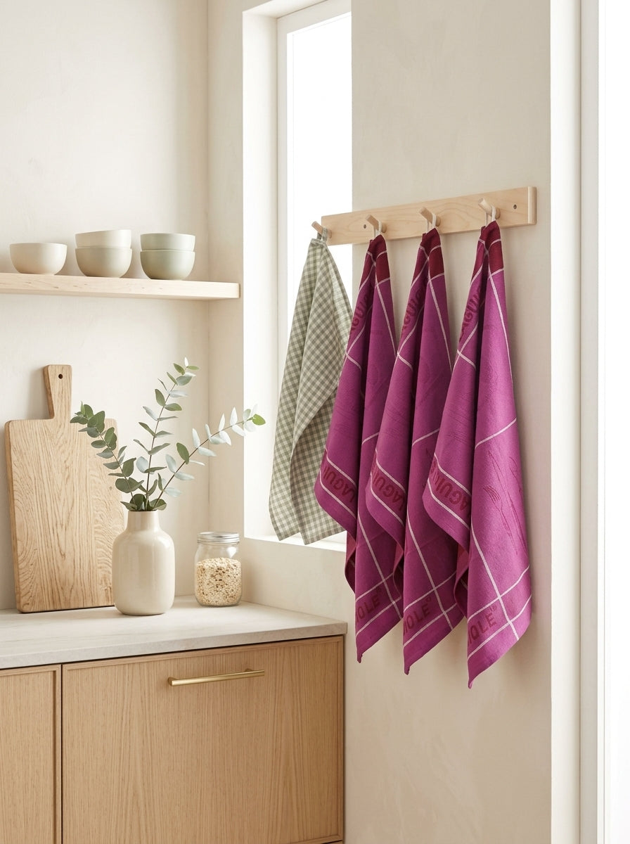 Tartan - Lot De 3 Torchons Jacquard - Coton - Mauve