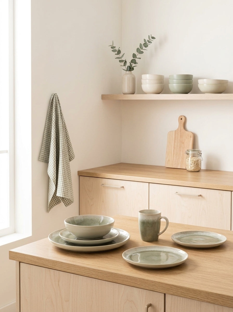 Iris Vert - 12 Piece Table Service - Reactive Stoneware - Green
