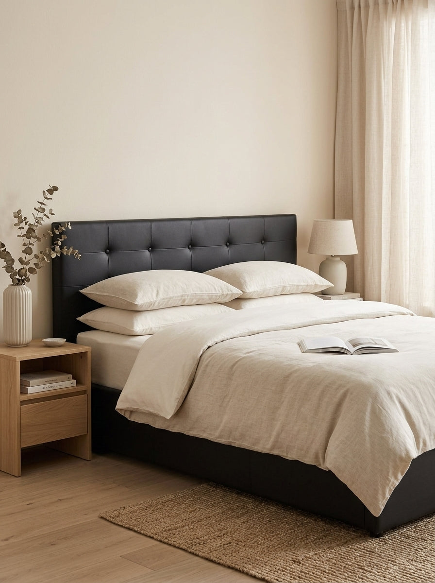Tinali - Cama contenedor de Pu con cabecero + somier de láminas - Negro
