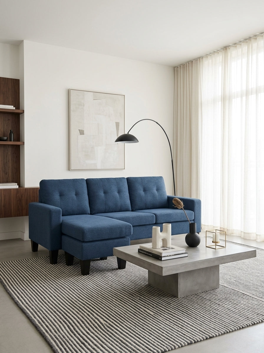 Lumina - Canapé D'Angle Réversible Avec Pouf En Microfibre - Bleu