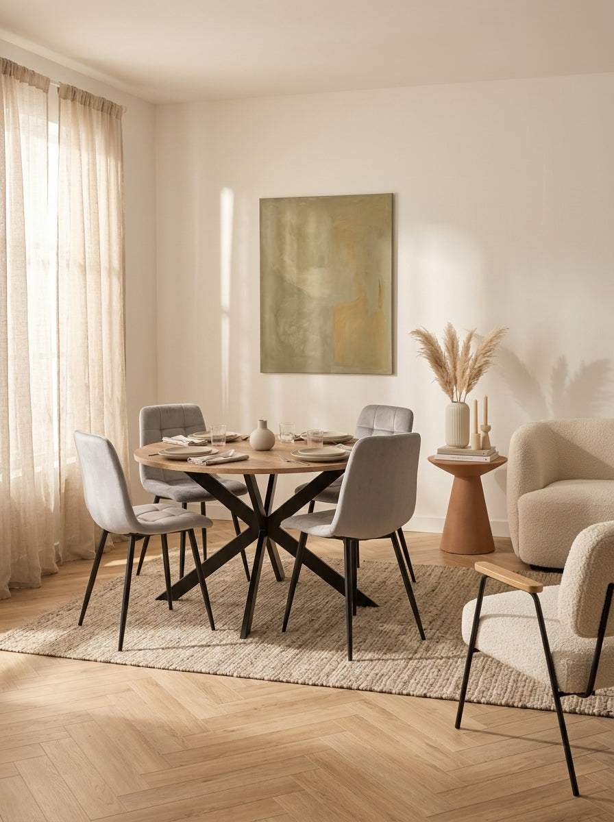Dialo - Round Table + 4 Velvet Chairs Set - Gray