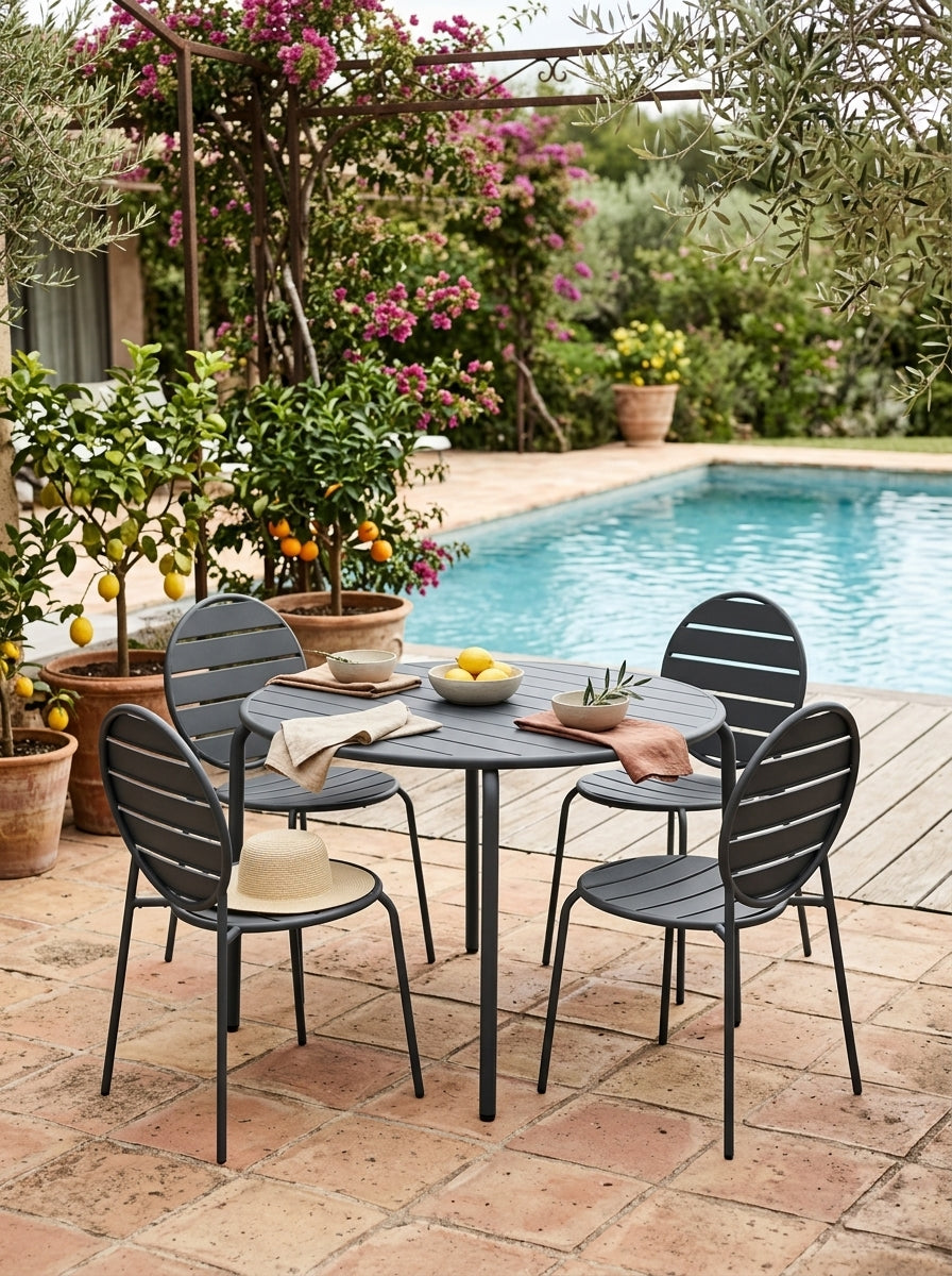 Baca - Conjunto Mesa + 4 Sillas Redondas de Metal - Gris