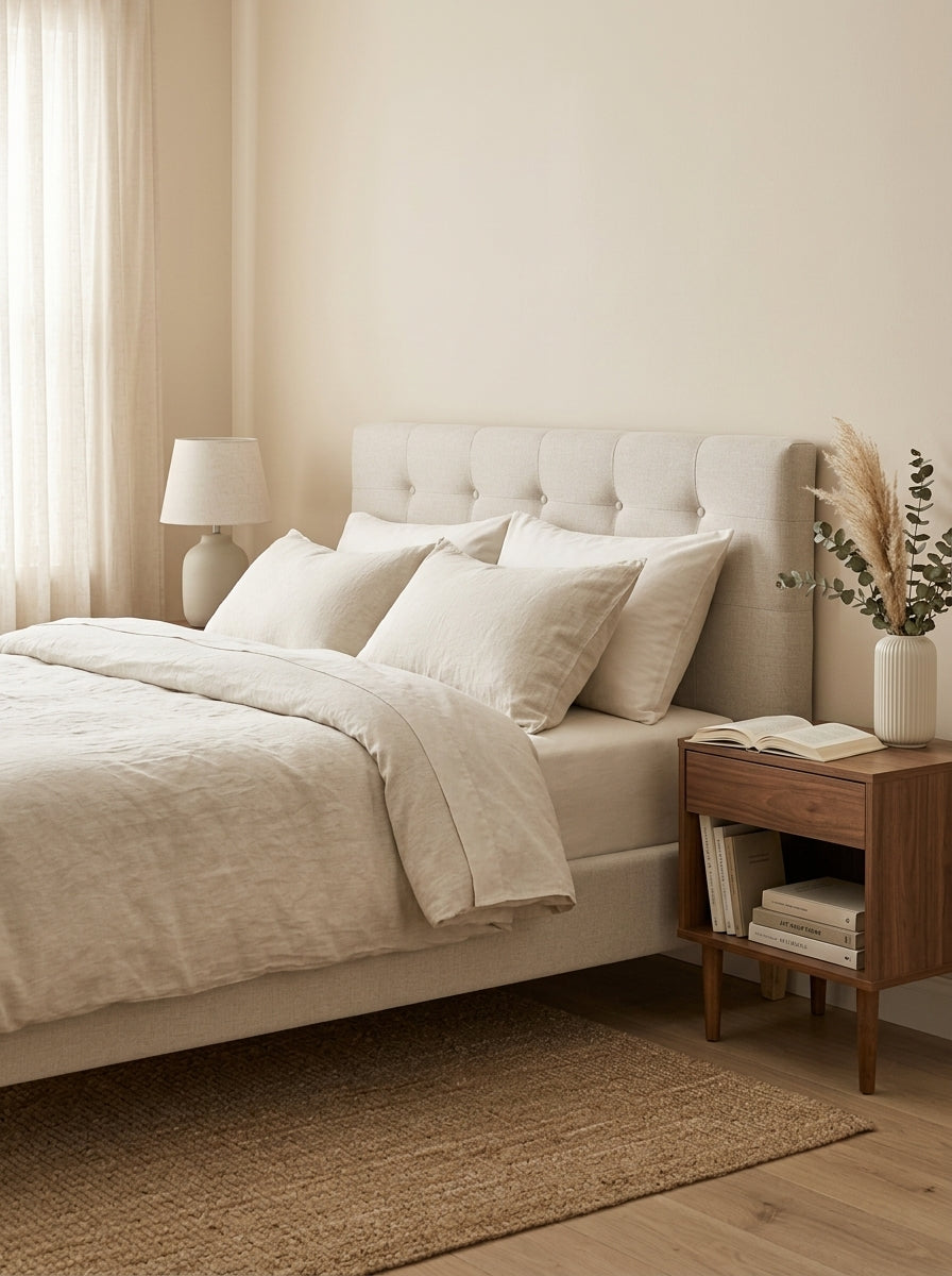 Mileno - Bed With Fabric Headboard And Wooden Legs - Beige